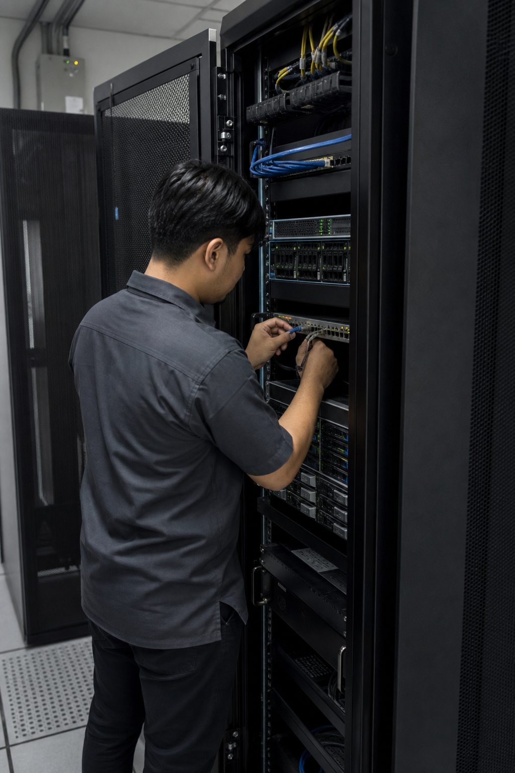 Technician installing server equipment in a rack